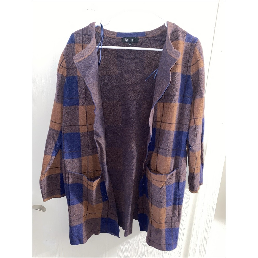 Two Sisters Women's Open Cardigan Plaid Blue And Brown Medium‎